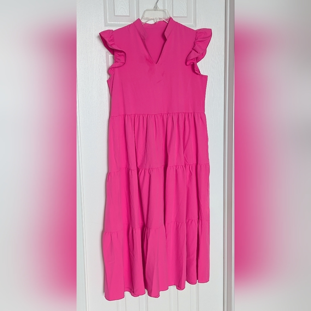 Bright Lightweight Women's (Small) Tiered V-Neck Ruffled Sleeve Maxi Dress